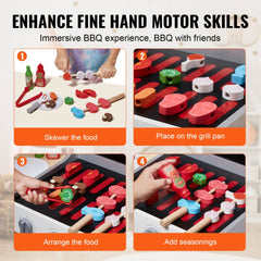 Wooden kids BBQ grill playset with 21 pieces including food, tools, and pretend sounds.