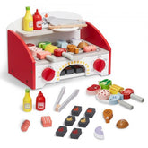 Wooden BBQ grill playset with 26 pieces including meats, vegetables, and cooking tools.