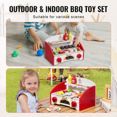 Colorful wooden BBQ grill playset with meats, vegetables, tongs, and interactive features.