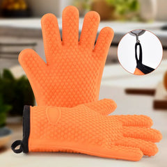 Bostome silicone BBQ grill gloves in orange with heat-resistant design and cotton lining.
