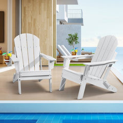White HDPE folding Adirondack chairs set of 2 with wide armrests and built-in cup holder.