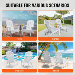 Set of 2 white folding Adirondack chairs made of durable HDPE plastic for outdoor use.