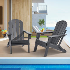 Gray folding Adirondack chairs set of 2 made from all-weather HDPE plastic.