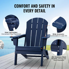 Navy blue folding Adirondack chairs made of HDPE plastic, set of two with wide armrests.