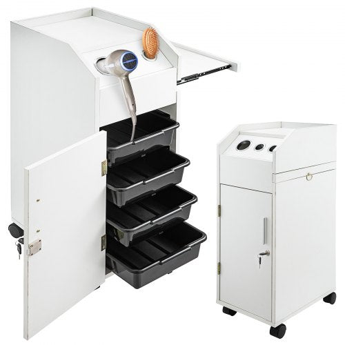 White salon trolley cart with four drawers and a hair dryer holder for organized storage.