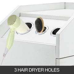 White salon trolley cart with four drawers and hair dryer holder on a smooth-rolling base.