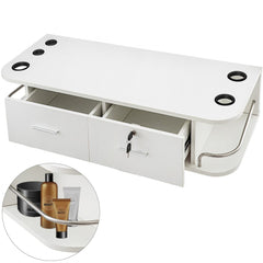 White wall mount styling station with two drawers and five hair dryer holes for organized storage.