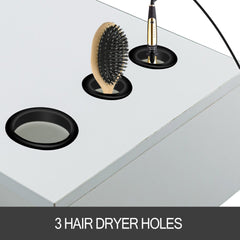 White wall-mounted styling station with locking drawer and three hair dryer holders.