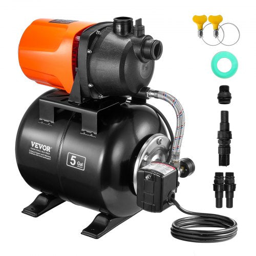 Bostome 1HP shallow well pump with 5-gallon black pressure tank, orange motor, and included fittings.