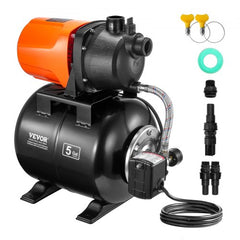 Bostome 1HP shallow well pump with 5-gallon black pressure tank, orange motor, and included fittings.