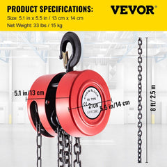 Red 2-ton chain hoist with 8-foot lift chain, 4400 lbs capacity, and steel construction.