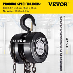 Black 1-ton chain hoist with 10 ft chain, 5.1 x 5.5 inch size, and 16.5 lb weight.
