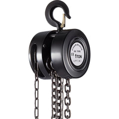 Black 1-ton chain hoist with hook, 10ft chain, and 2200 lbs capacity label.