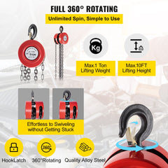 Red 1-ton chain hoist with 2200 lbs capacity, 10ft lift, 360-degree rotating hook, and alloy steel chain.