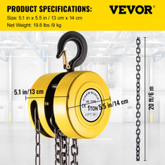 Manual chain hoist in yellow with 2200 lbs capacity and 20ft lift height.