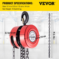 Red 2-ton chain hoist with 7ft lift chain and steel hook, 4400 lbs capacity.