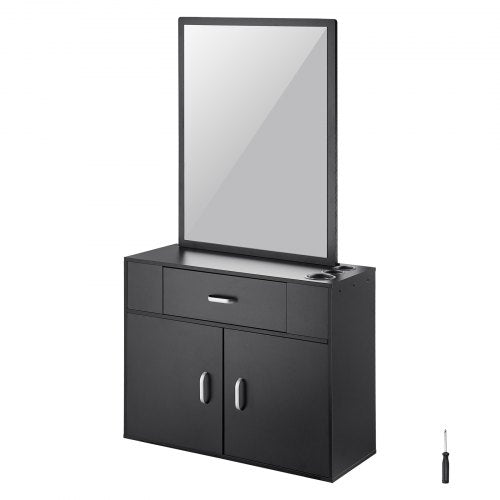 Wall-mounted black barber cabinet with mirror, drawer, and double-door storage.