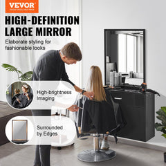 Wall-mounted black barber cabinet with a large mirror and spacious storage for tools.