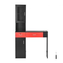 Bostome wall-mounted salon workstation in black and red with lockable drawers and tool sleeves.