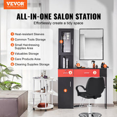 Bostome wall-mounted salon workstation in black and red with lockable drawers and tool sleeves.