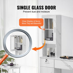 White wall-mounted salon workstation with lockable drawers, glass door, and storage shelves.