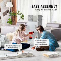 Two people assembling a white wall-mounted salon workstation with lockable drawers and numbered boards.