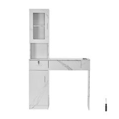 White wall-mounted salon workstation with lockable drawers, glass doors, and marble-like finish.
