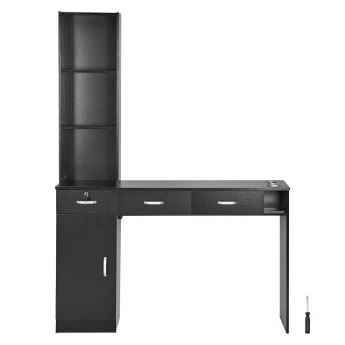 Black MDF wall-mounted salon workstation with lockable drawers and heat-resistant tool sleeves.