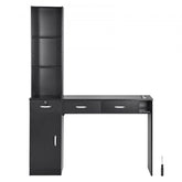 Black MDF wall-mounted salon workstation with lockable drawers and heat-resistant tool sleeves.