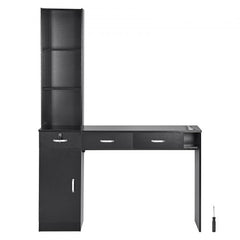 Black MDF wall-mounted salon workstation with lockable drawers and heat-resistant tool sleeves.