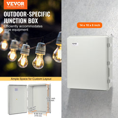 White IP67-rated ABS outdoor electrical junction box, 13.78 x 9.84 x 5.90 inches, with open view and dimensions.