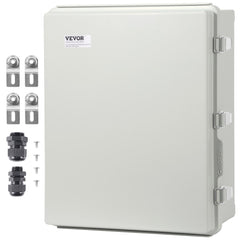 Gray IP67 ABS outdoor electrical junction box, 13.78x9.84x5.90 inches, with mounting hardware and cable glands.
