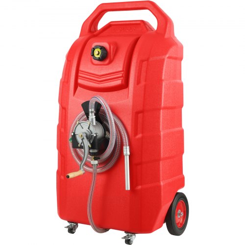 Red 32-gallon portable fuel caddy with wheels, hand pump, and hose.