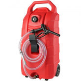 Red 16-gallon portable fuel caddy with PE tank, rubber wheels, hose, and nozzle.