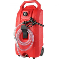 Red 16-gallon portable fuel caddy with PE tank, rubber wheels, hose, and nozzle.