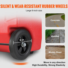 Red 16-gallon portable fuel caddy with large 6-inch rubber wheels on various terrains.