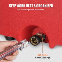 Red 16-gallon portable fuel caddy with ball valve and hose connected to tank.