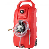 Red 16-gallon portable fuel caddy with hand pump, hose, and rubber wheels.