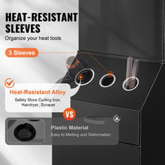 Black salon station with three dryer holders, smooth drawers, and a bottom cabinet for storage.