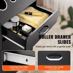 Black salon station with three dryer holders, smooth drawers, and a bottom cabinet for storage.