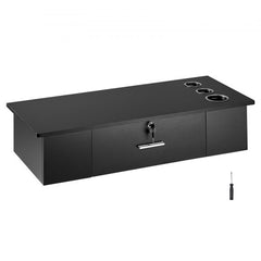 Black wall-mounted salon workstation with three dryer holders and a lockable drawer.