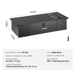 Wall-mounted black salon workstation with three dryer holders and a lockable drawer.