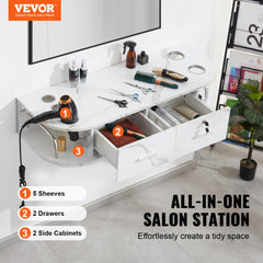 Wall-mounted white salon station with marble finish, 5 hair dryer holders, and 2 drawers.