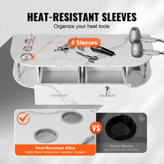 Wall-mounted white marble salon station with 5 heat-resistant hair dryer holders and 2 drawers.