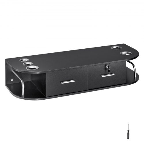 Matte black wall-mounted salon workstation with 5 tool holders and lockable drawer.