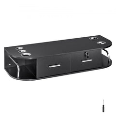 Matte black wall-mounted salon workstation with 5 tool holders and lockable drawer.