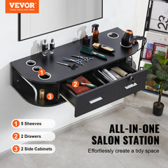 Matte black wall-mounted salon workstation with 5 holders, drawers, and storage compartments.