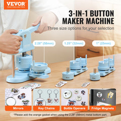 A person operates a blue 3-in-1 button maker machine with three interchangeable dies.