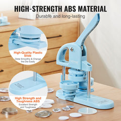 A light blue button maker machine with interchangeable dies and button parts on a wooden surface.