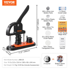 Black 25mm button maker machine with orange accents, panda book, and 500 parts kit.